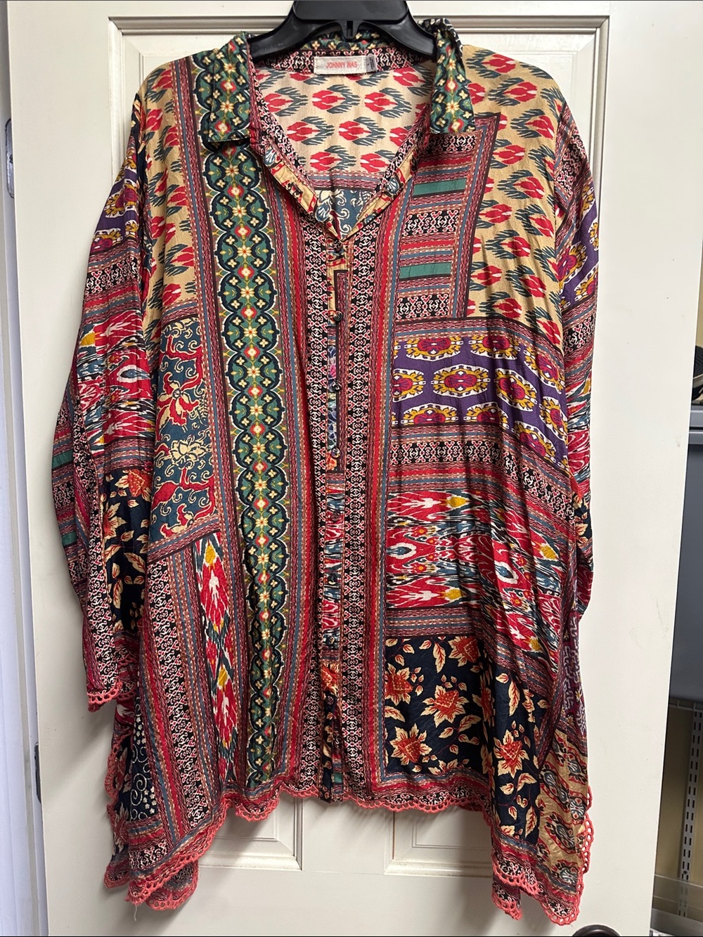 Johnny Was Multicolor Bohemian Patchwork Button-Down Blouse